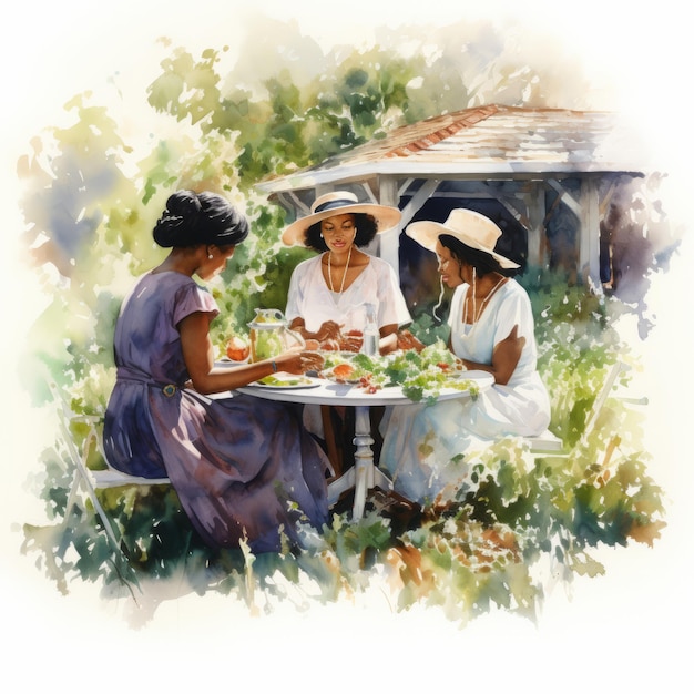 Serene momenten Afro-Amerikaanse vrouwen omhelzen lunch in de tuin