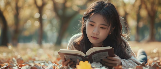 공원 에서 책 을 즐기는 아시아인 여자
