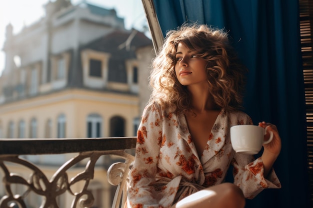 Serene Moments A Woman Immersed in Bliss Savoring Coffee on a Picturesque Balcony