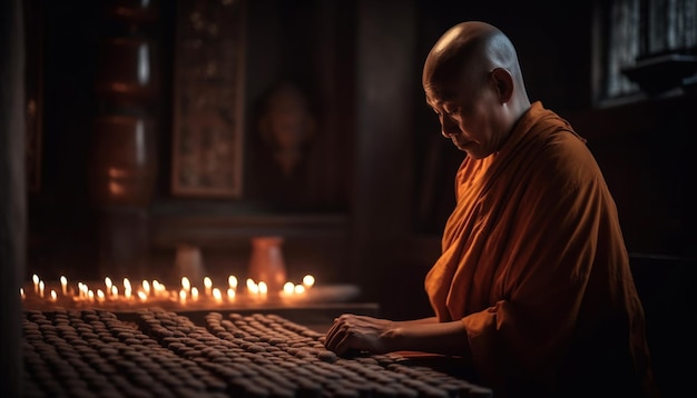 Foto un monaco sereno che medita tenendo in mano una candela che simboleggia la spiritualità generata dall'intelligenza artificiale