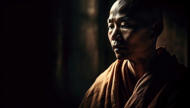 Безмятежный монах медитирует, глядя на низкий ключ камеры, созданный ИИ