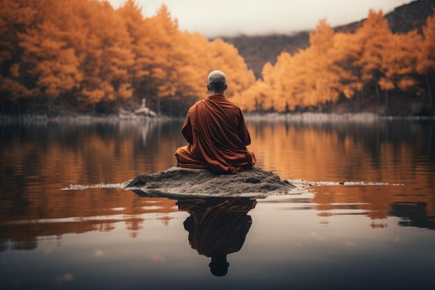 Photo serene monk sitting lake generate ai