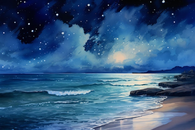 Serene moonlit beach with gentle waves Beautiful illustration picture Generative AI