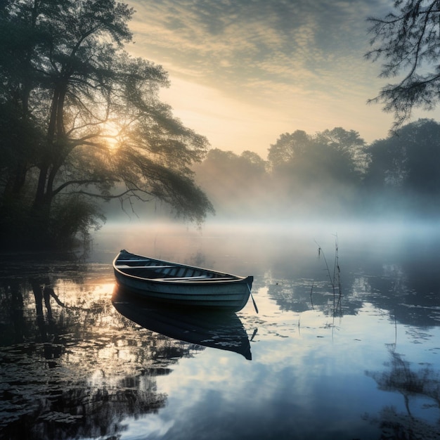 A serene morning by a misty calm lake