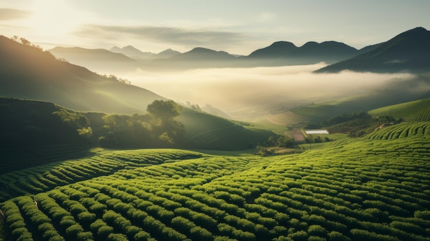 Photo serene morning light a synthetisminspired landscape of mountain and tea fields