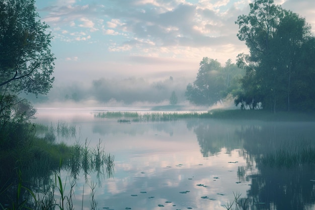 Serene morning mist rising over a tranquil lake oc