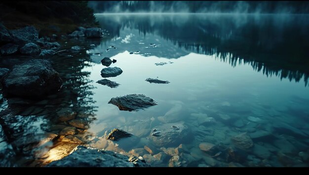 A serene morning at a mountain lake with stones reflecting in the water The concept of tranquility and contemplation