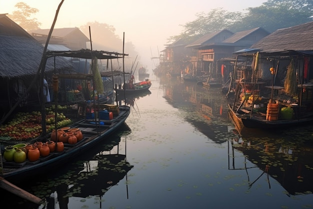 Serene morning scene of floating market setting up created with generative ai