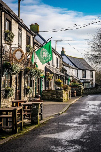 A serene morning scene in an Irish village decorated for St Patricks Day