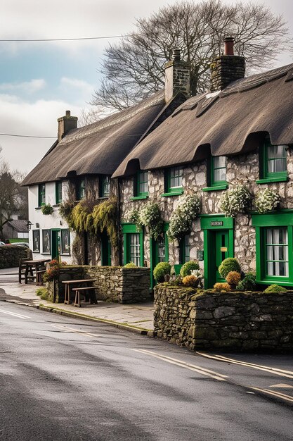 A serene morning scene in an Irish village decorated for St Patricks Day