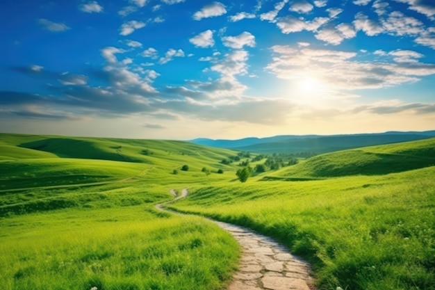 Serene morning walk on a winding path through a green hillside