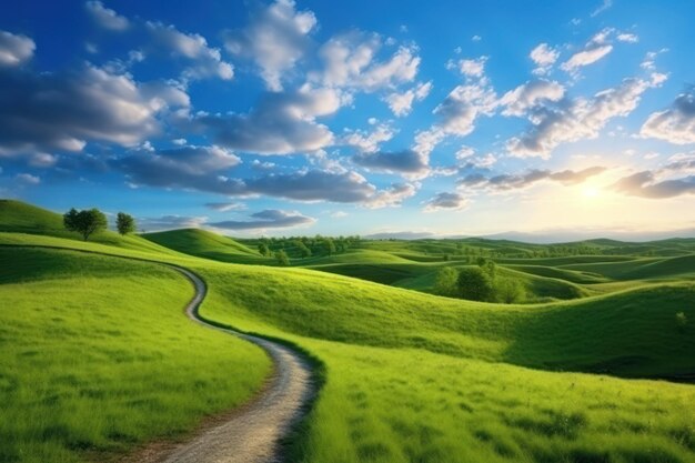 Serene Morning Walk on a Winding Path through a Lush Green Hillside