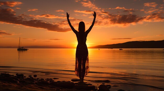 A serene morning woman performing sunrise yoga on a peaceful beach