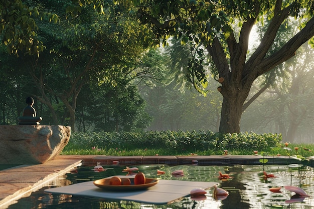 A serene morning yoga session in a tranquil garden