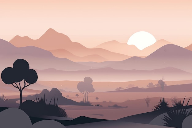 A serene mountain desert landscape depicted in a minimalist illustration Sunset muted tones