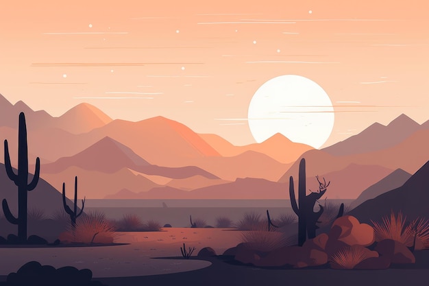 A serene mountain desert landscape depicted in a minimalist illustration Sunset muted tones