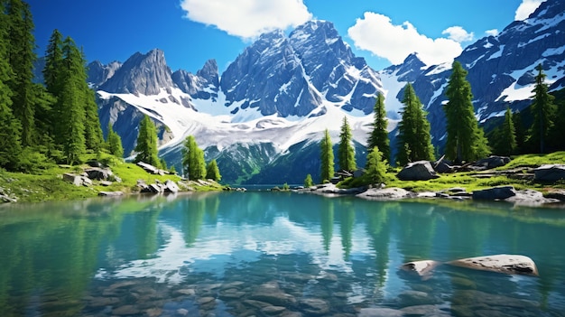 A serene mountain lake framed by majestic pine trees