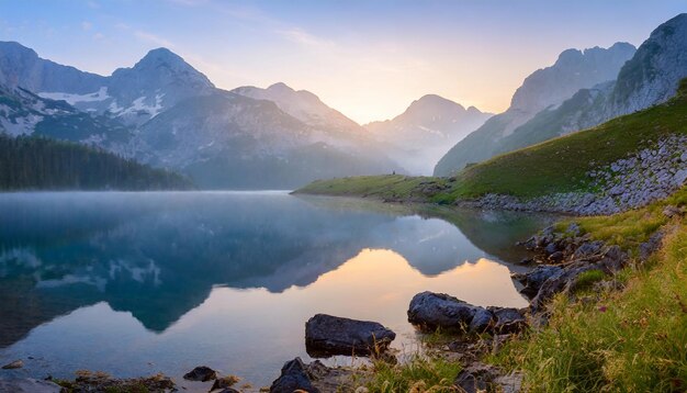 Foto un sereno lago di montagna brillava all'alba con una luce mozzafiato.