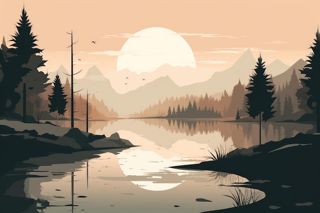 A serene mountain lake landscape depicted in a minimalist illustration Soft and muted colors