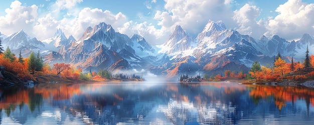 Photo a serene mountain lake nestled towering wallpaper