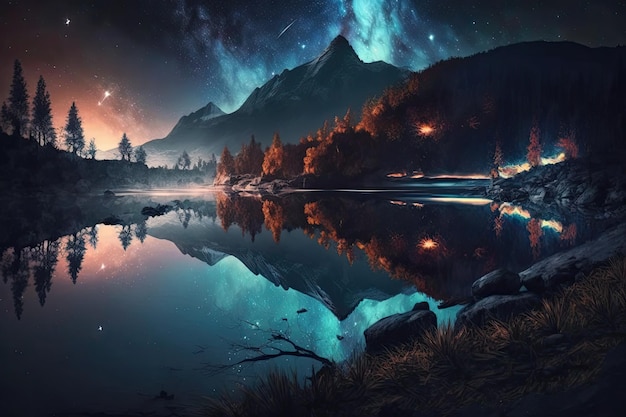 Premium AI Image | Serene mountain lake at night Generative AI