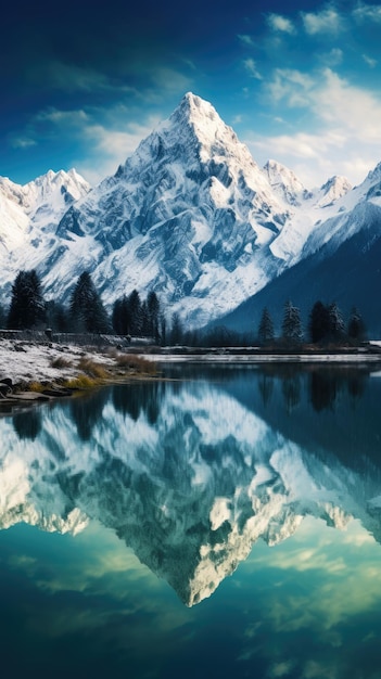 Foto sfondo per il telefono con un sereno lago di montagna che riflette le cime innevate