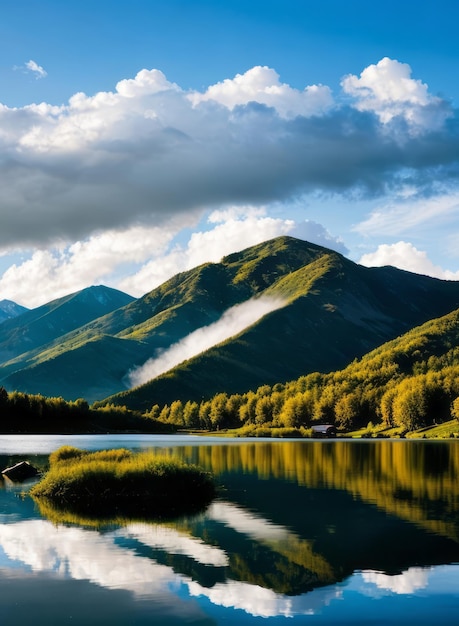 Photo a serene mountain lake reflecting the surrounding peaks and clouds landscape wallpaper