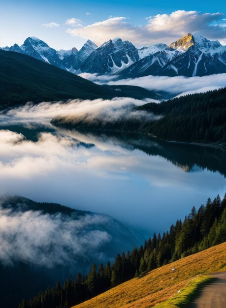 a serene mountain lake reflecting the surrounding peaks and clouds landscape wallpaper