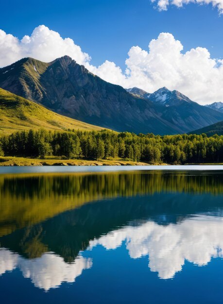 Photo a serene mountain lake reflecting the surrounding peaks and clouds landscape wallpaper