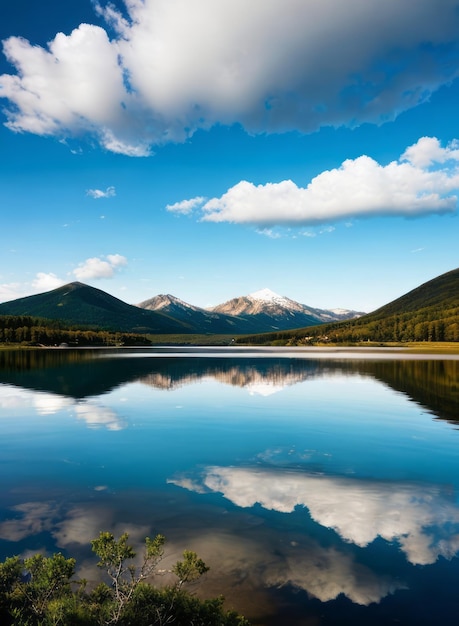 Photo a serene mountain lake reflecting the surrounding peaks and clouds landscape wallpaper