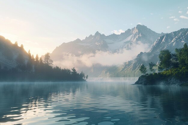 A serene mountain lake at sunrise