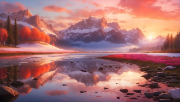 Спокойное горное озеро на закате, отражающее яркие оранжевые и розовые оттенки с заснеженными вершинами