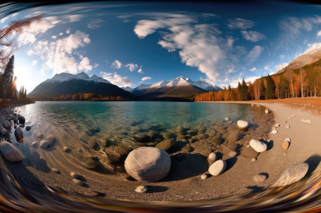 Serene mountain lake surrounded by a panoramic view of majestic peaks