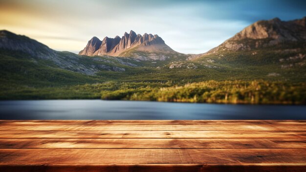 Serene Mountain Lake View from a Rustic Wooden Table A Generative AI Masterpiece