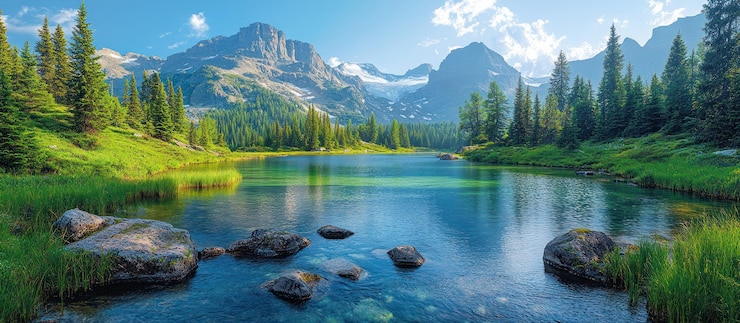 Photo 晴れた空の下で茂った緑に囲まれた水晶のように澄んだ水の静かな山の湖と壮大な山頂