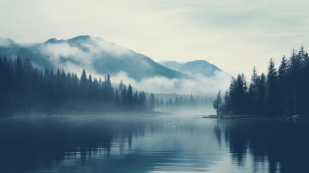 Безмятежное горное озеро с туманным видом и соснами