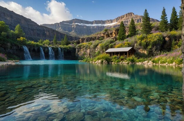 Serene mountain lake with waterfall backdrop