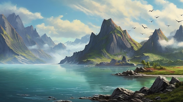 Serene Mountain Landscape Epic Fantasy Scene With Calm Seas And Skies