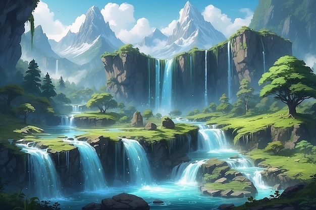 Photo serene mountain landscape with cascading waterfalls generative ai