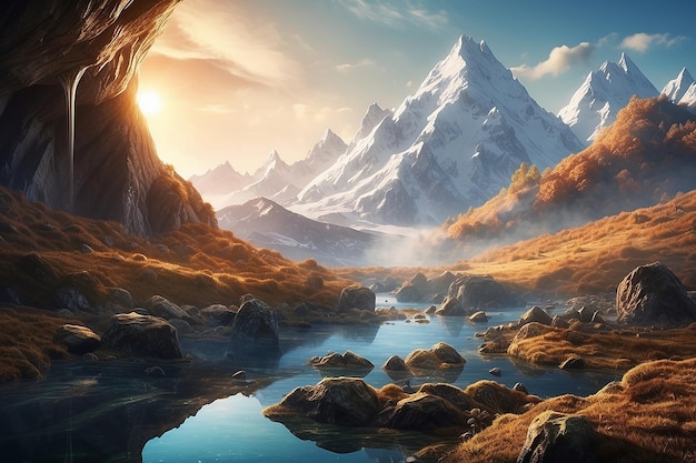 A serene mountain landscape with a hidden cave filled with glittering bitcoin crystals waiting to be discovered by adventurous explorers