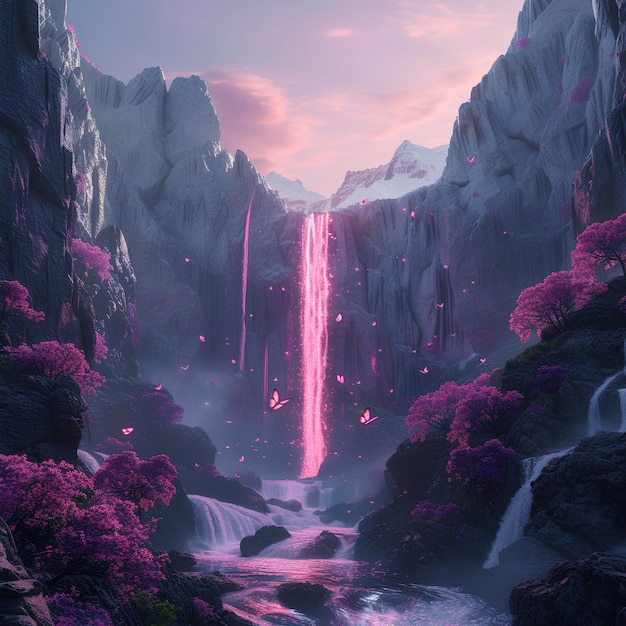 Photo a serene mountain landscape with a pink waterfall butterfly