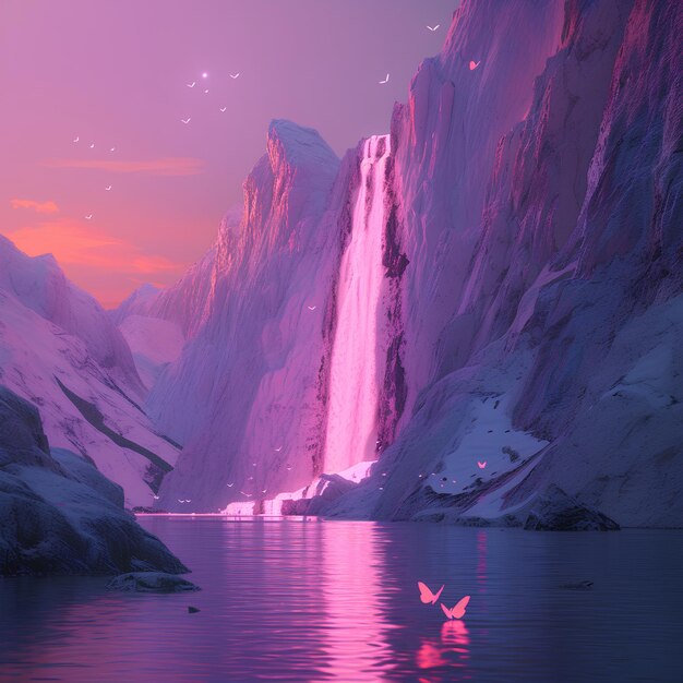 A serene mountain landscape with a pink waterfall butterfly