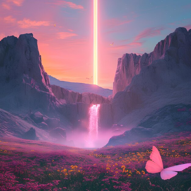 A serene mountain landscape with a pink waterfall butterfly
