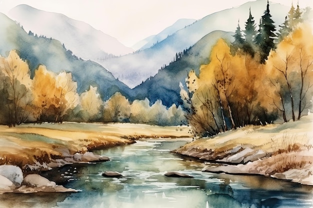 Serene mountain stream painted in watercolors Generative AI