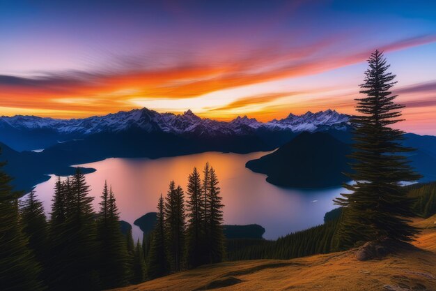 写真 静かな山の夕暮れ 夕暮れの温かさで溢れる 壮大な風景