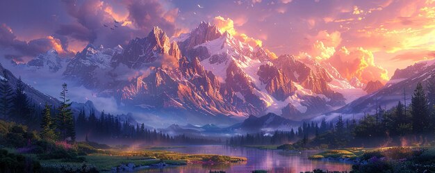 Photo a serene mountain valley at sunset the wallpaper