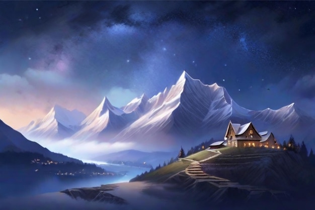 A serene mountain with a peaceful village nestled at its base and a sky filled with stars above