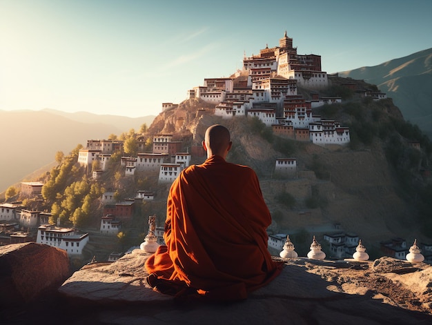 A serene mountaintop monastery with a monk