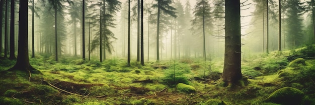 新鮮な朝霧に覆われた、鮮やかな緑の色合いの静かで神秘的な森 生成 AI