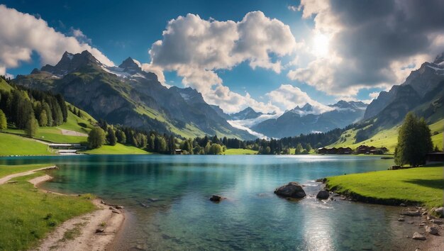 A serene natural setting with a reflective lake mirroring the surrounding green landscape